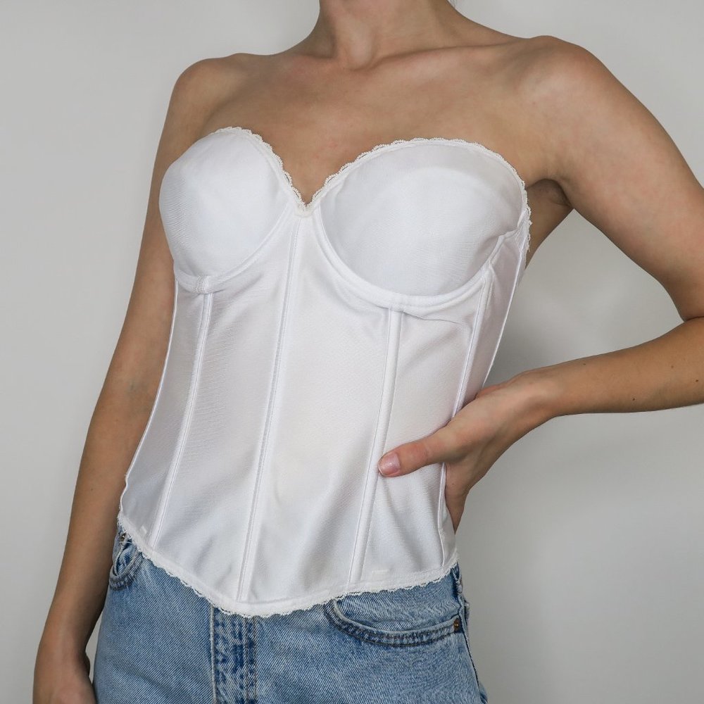 Vintage Empire Intimates White Satin Long Line Bustier Corset Bra Top